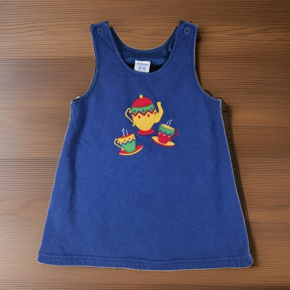 Vintage Kelly's Kids Blue Tea Party Appliqué Jumper Dress Girls Size 5 Made...
